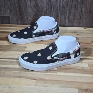 Vans Classic Slip-On Daisy Plaid Black Floral Embroidered Shoes Womens 7.5 Men 6